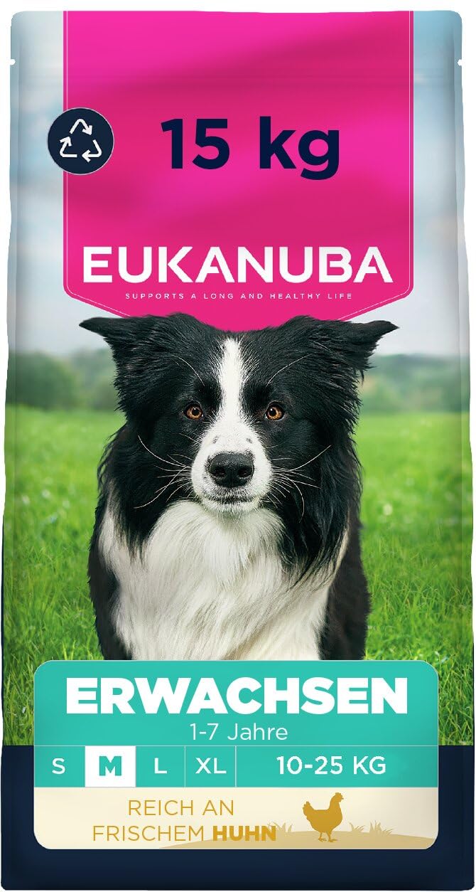 Eukanuba Trockenfutter mit frischem Huhn, mittelgrosse Rassen, 15 kg, sechseckige Kroketten, recyclingfähige Verpackung