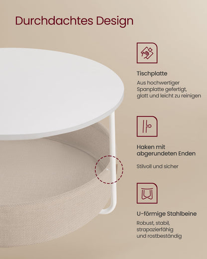 VASAGLE Couchtisch Rund mit Stauraum - Mattweiss-Kamelbraun LCT244W10