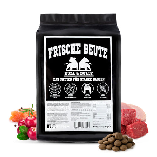 BULL & BULLY Frische Beute Trockenfutter - 10kg Lachs Rind Geflügel: Braune, runde Kroketten als Alleinfuttermittel für Hunde zur täglichen Fütterung.