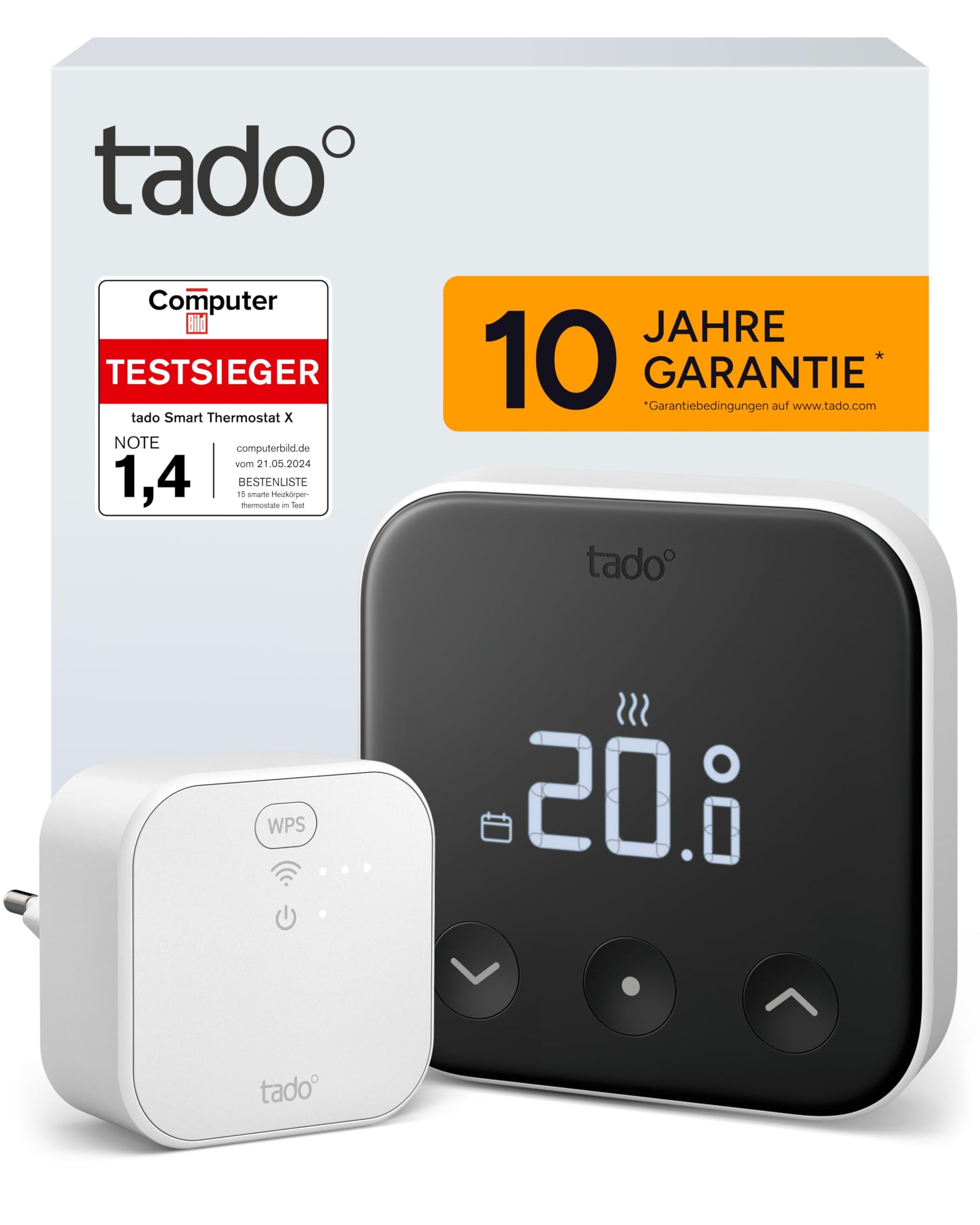 tado° Smartes Thermostat X Starter Kit - Fussbodenheizung & Boiler. Weißes, rechteckiges Gerät zur smarten Temperaturregelung.