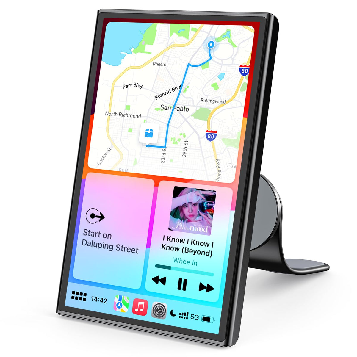 Avylet 7" Tragbares Wireless CarPlay Display - Magnet-Halterung. Rechteckig, schwarz. Ermöglicht Wireless CarPlay im Fahrzeug.