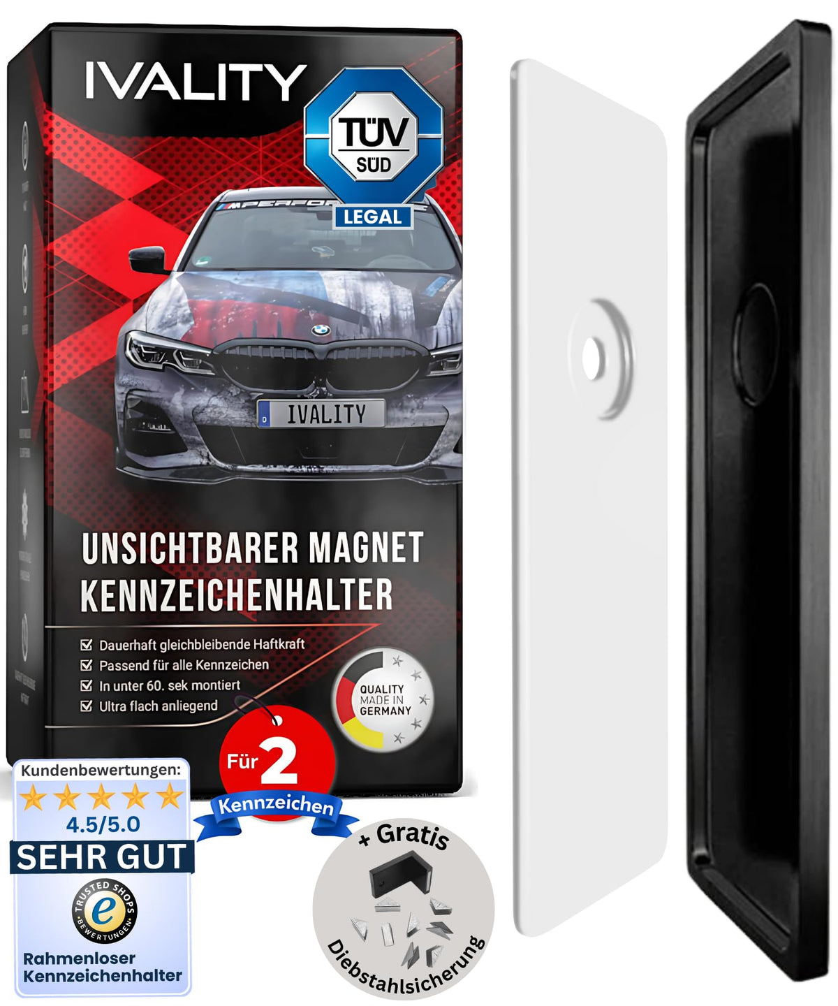 Ivality Magnet Kennzeichenhalter rahmenlos für 2 Kennzeichen mit Magneten und 3M-Klebeband