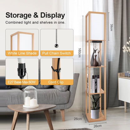 OUTON Stehlampe Regal LED – Dimmbar, USB, Holz, Fernbedienung
