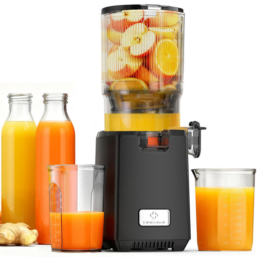 LINKChef Slow Juicer Entsafter - Grosse 130mm Öffnung. Vertikaler, schwarzer Entsafter mit 130mm Einfüllöffnung. Kaltpresst Obst & Gemüse zu Saft.
