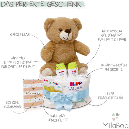 MilaBoo Windeltorte Junge Blau – Babygeschenk zur Geburt mit Teddybär