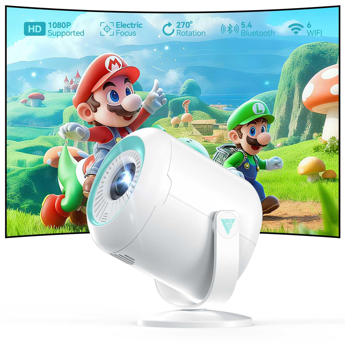 Nasin VF211WF Mini Beamer 1080P Full HD mit WiFi 6 und Bluetooth, 270° drehbare Halterung