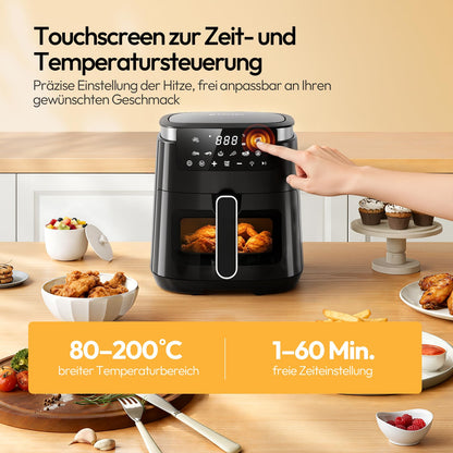 LLIVEKIT Heissluftfritteuse 5.5L | Airfryer mit Sichtfenster, schwarz