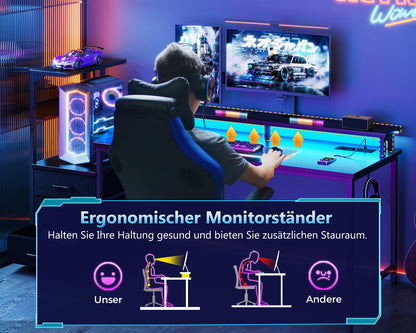 Coleshome Gaming Tisch 151x50cm LED Schubladen Carbon Schwarz