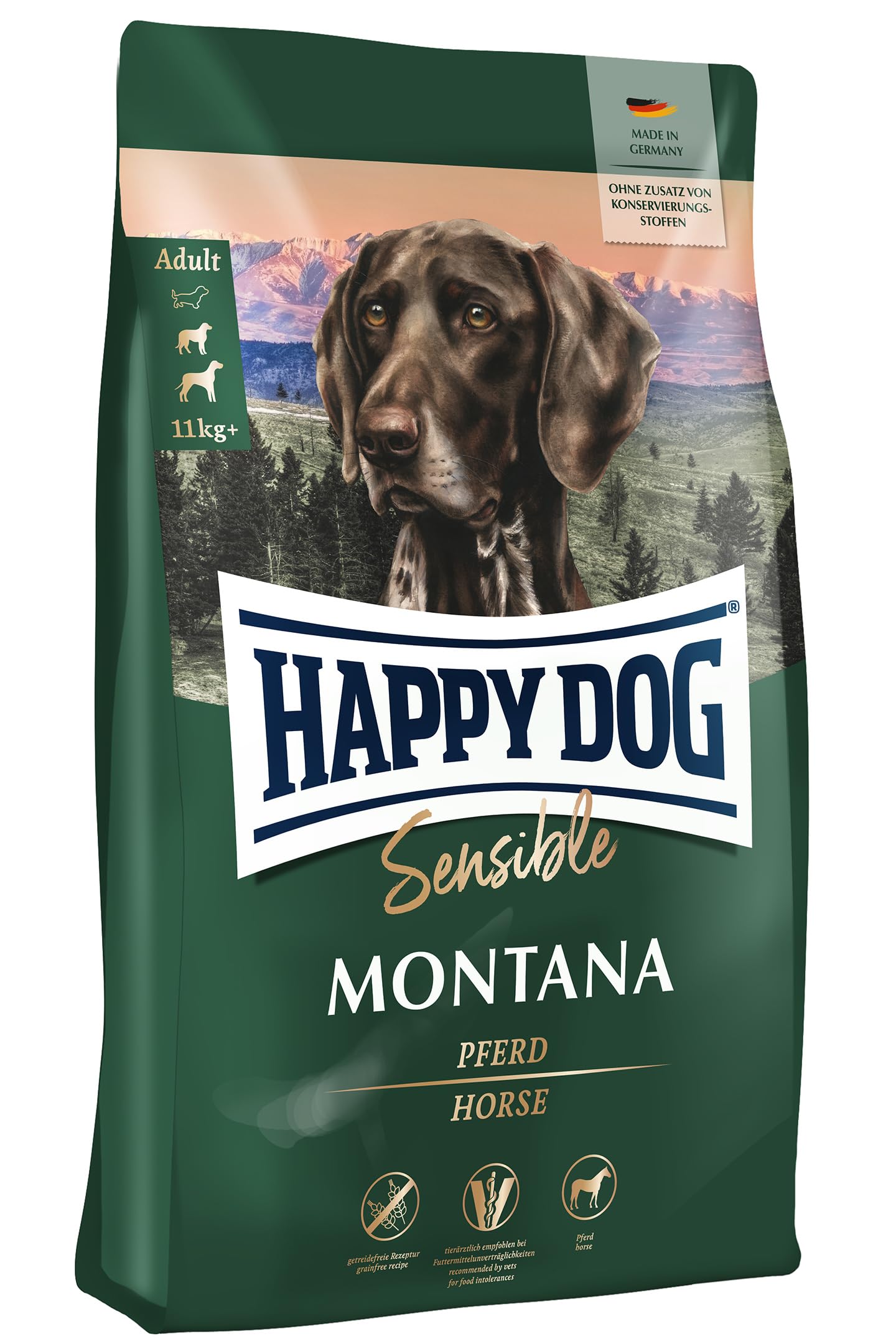 Happy Dog Sensible Montana M Trockenfutter - Pferd 10kg: Braune Kroketten. Alleinfuttermittel für sensible Hunde, Monoprotein Pferd.
