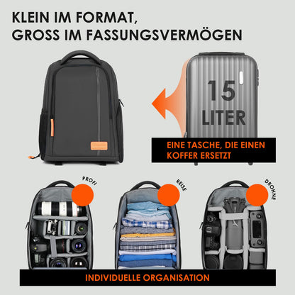 TARION Kamerarucksack wasserdicht mit 15 Zoll Laptopfach, schwarz