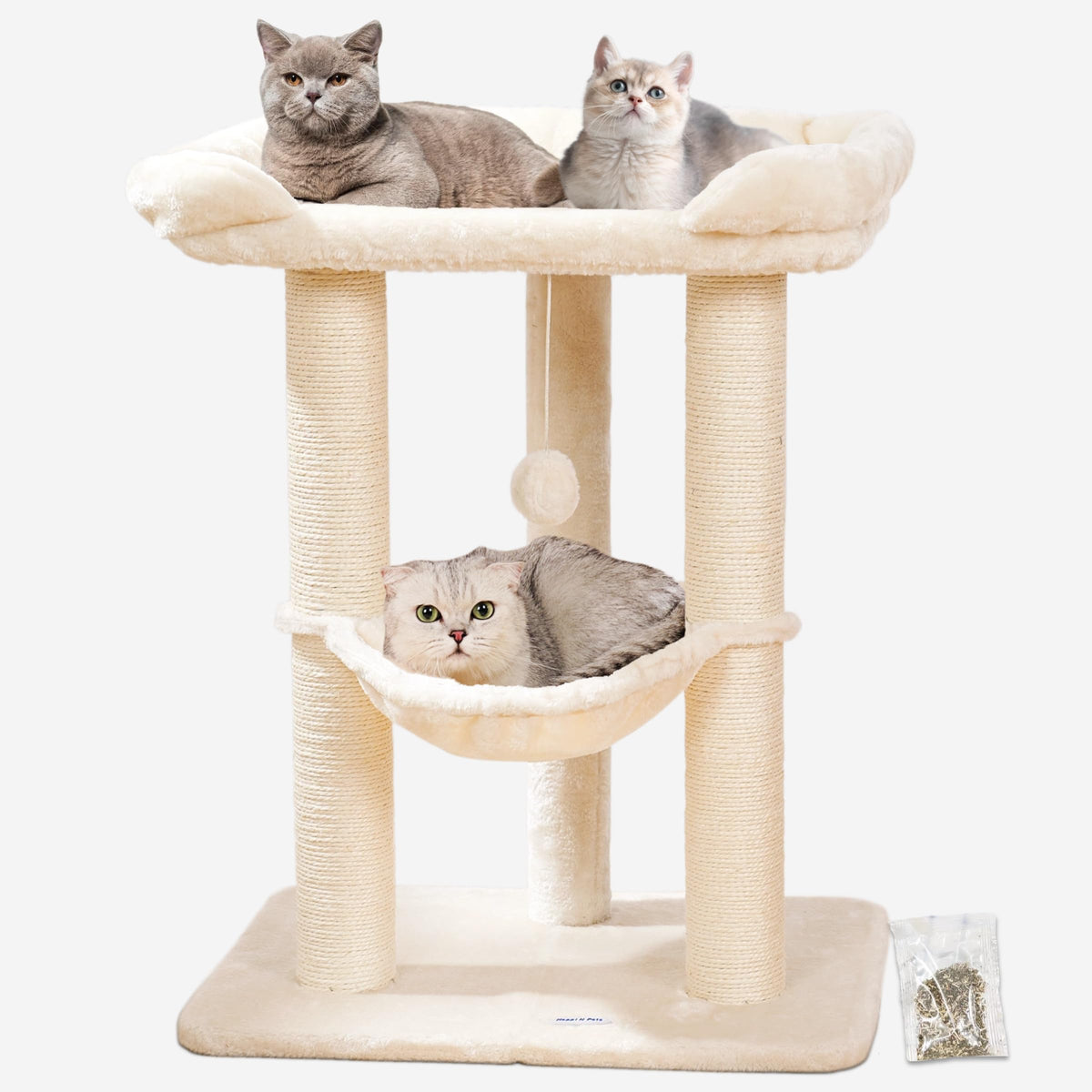 Happi N Pets Kratzbaum 71 cm, Sisal-Kratzstamm mit Hängematte, beige