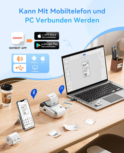 NIIMBOT B1 Etikettendrucker Bluetooth mit 3 Etikettenrollen, Silber