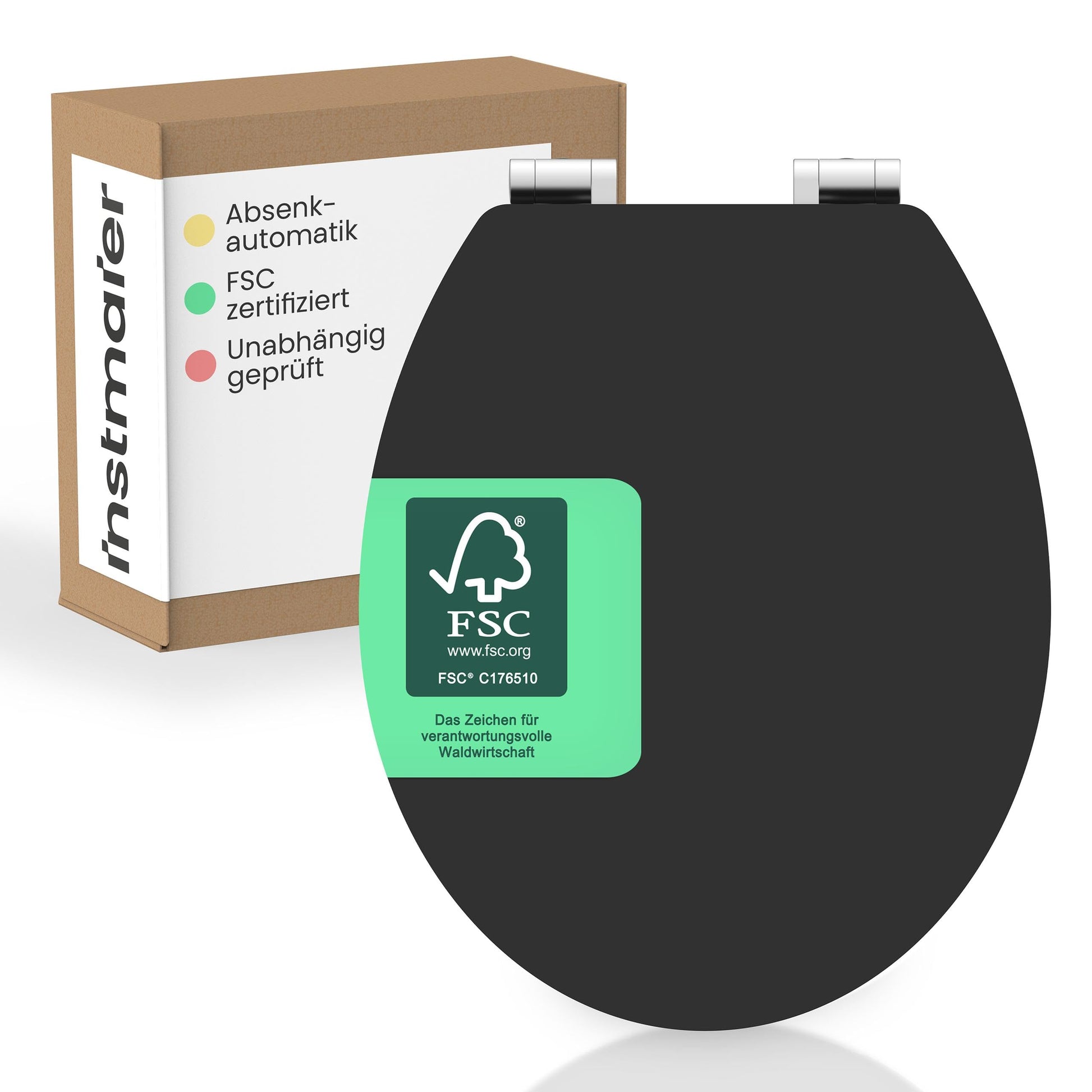 instmaier Gaia WC Sitz MDF Schwarz - Oval, Absenkautomatik. Ovaler, schwarzer MDF-WC-Sitz mit Absenkautomatik zur Toilettenmontage.