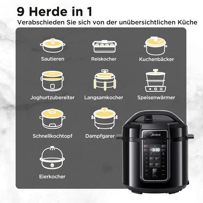 Midea Elektrischer Schnellkochtopf 6L, 9-in-1 Multikocher, Schwarz
