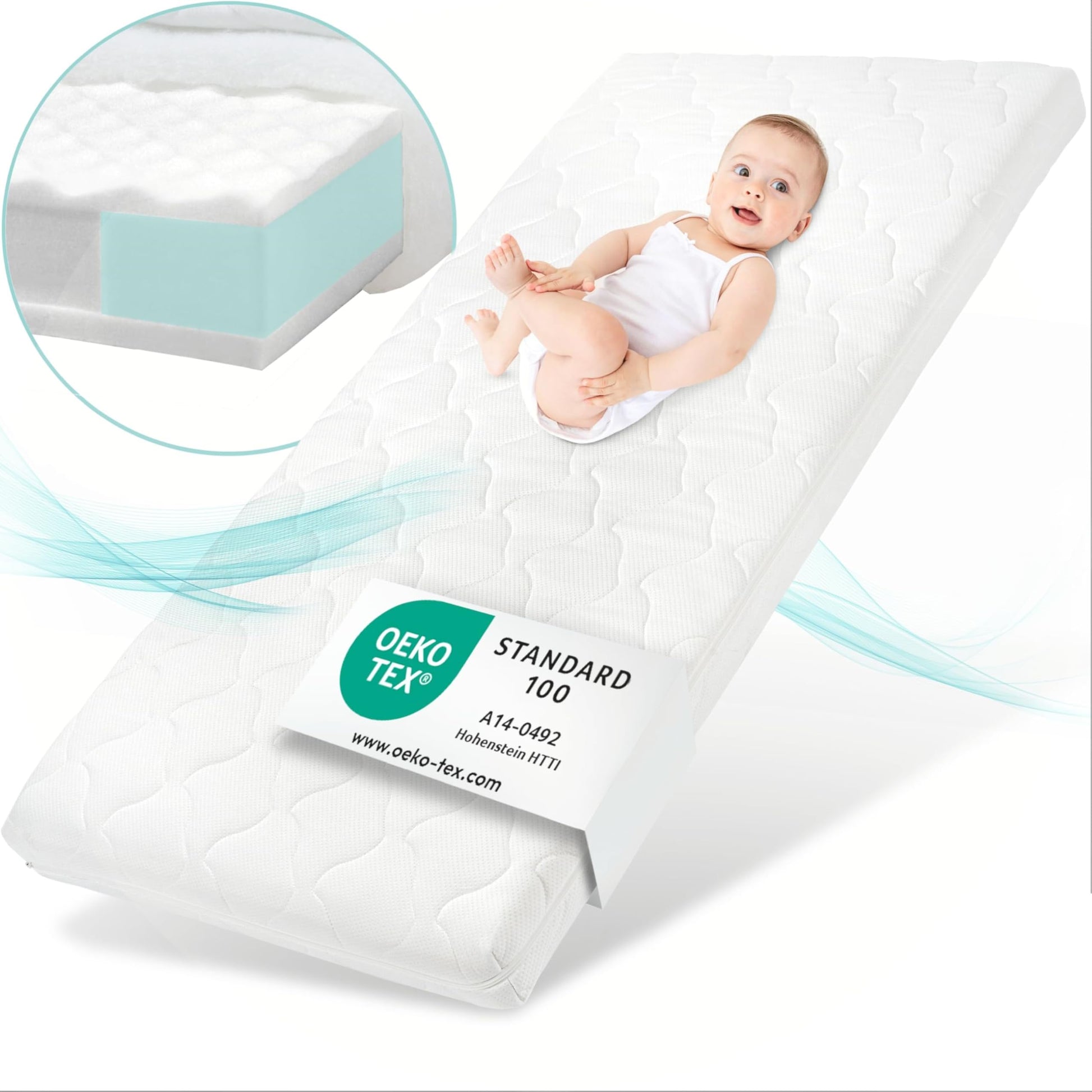Sun Garden Baby-Kindermatratze mit Trittkante Oeko-Tex - 70x140 cm. Helle, rechteckige Form für sicheren Schlaf und Stand im Kinderbett.