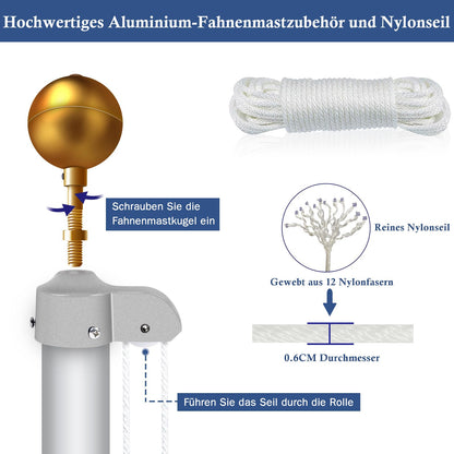 NQ Fahnenmast Set 6 m, Aluminium, höhenverstellbar, silber