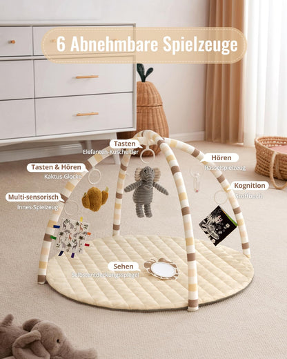Blissful Diary Spielbogen Baby, Spieldecke mit 6 Spielzeugen, Beige