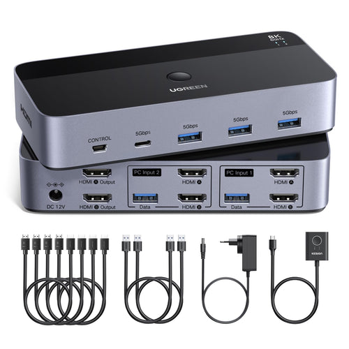 UGREEN AK703 HDMI KVM Switch für 2 PC und 2 Monitore, 8K60Hz mit Desktop-Controller und USB-3.0-Ports