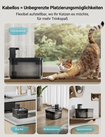 DownyPaws Trinkbrunnen für Katzen kabellos, 2,5 L, Edelstahl, schwarz