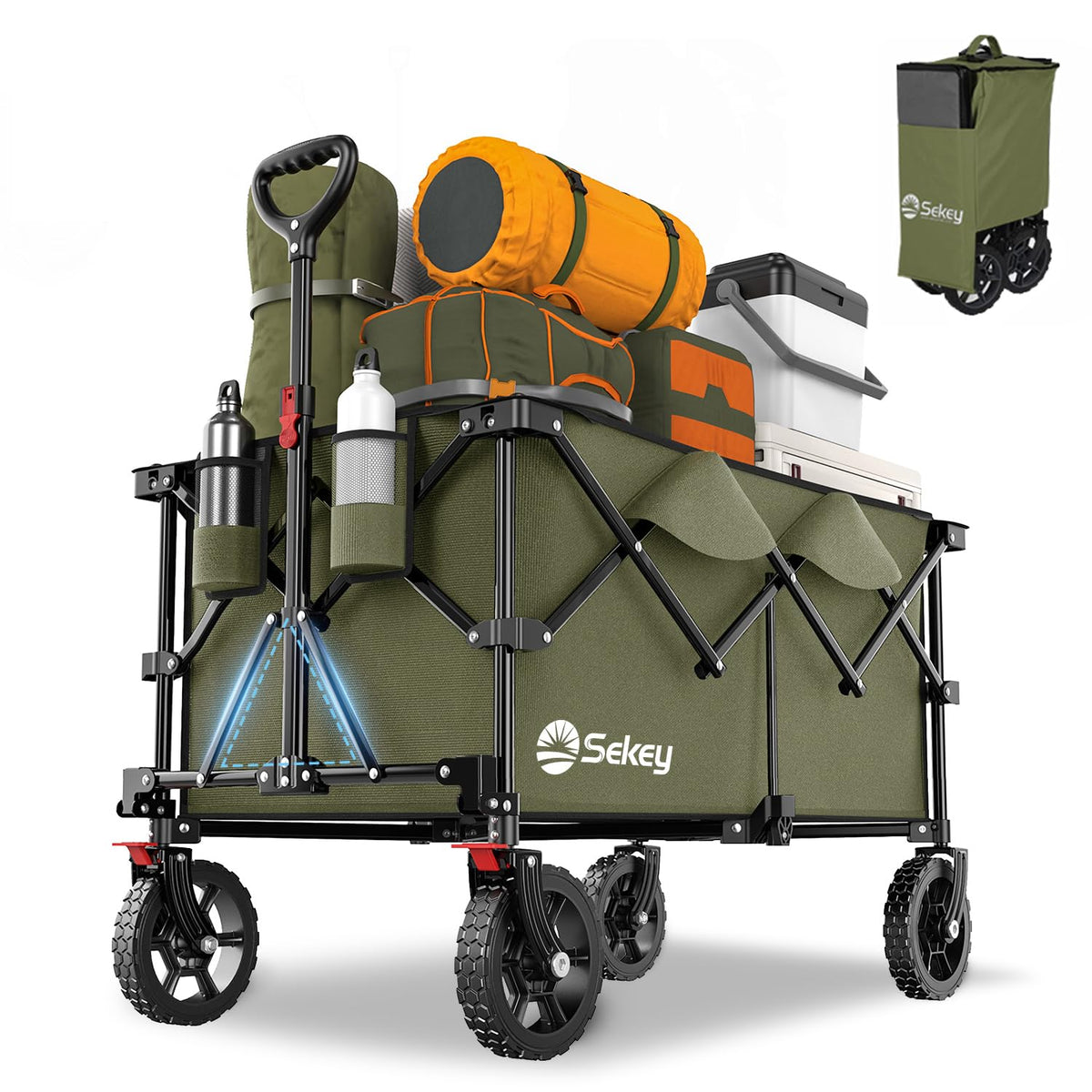 Sekey XXL Plus Bollerwagen faltbar, 200 l, bis 200 kg, Olivgrün, geländetaugliche Räder und Bremsen