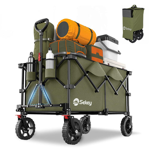 Sekey XXL Plus Bollerwagen faltbar, 200 l, bis 200 kg, Olivgrün, geländetaugliche Räder und Bremsen