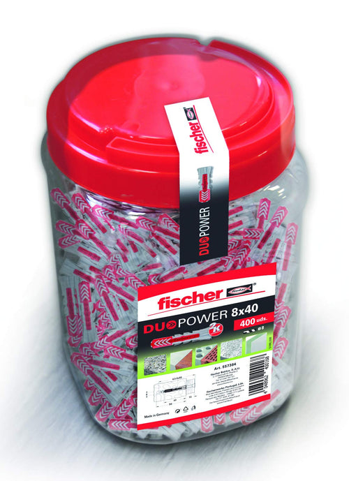 fischer DuoPower 557384 Universaldübel 8 x 40 mm, 400 Stück, Nylondübel in Grau und Rot