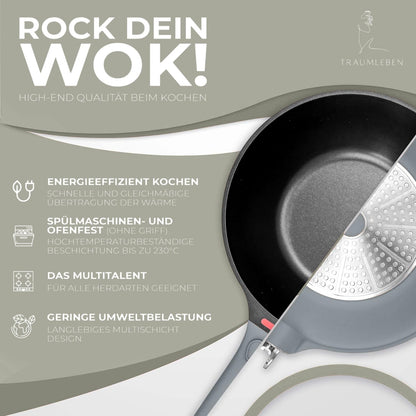 TRAUMLEBEN Wokpfanne Antihaft mit Deckel 28 cm Induktion Grau
