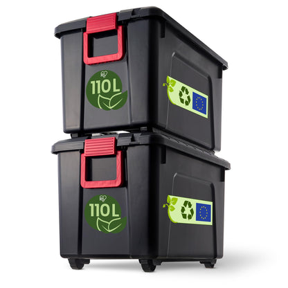 Iris Ohyama SIA-110 Kunststoff-Aufbewahrungsbox - 110l 2er-Set Schwarz: Zwei rechteckige, schwarze Kunststoffboxen mit Deckel, stapelbar, zum Verstauen.