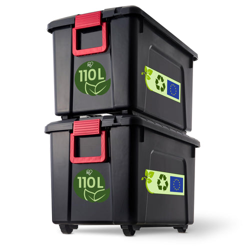 Iris Ohyama SIA-110 Kunststoff-Aufbewahrungsbox - 110l 2er-Set Schwarz: Zwei rechteckige, schwarze Kunststoffboxen mit Deckel, stapelbar, zum Verstauen.