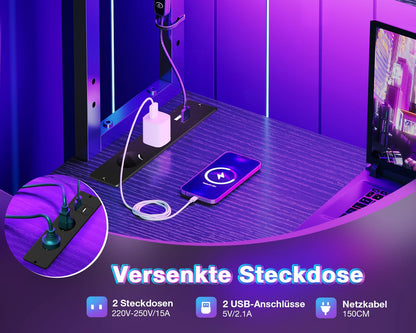 Coleshome Gaming Tisch L-Form mit LED & Steckdosen, Schwarz
