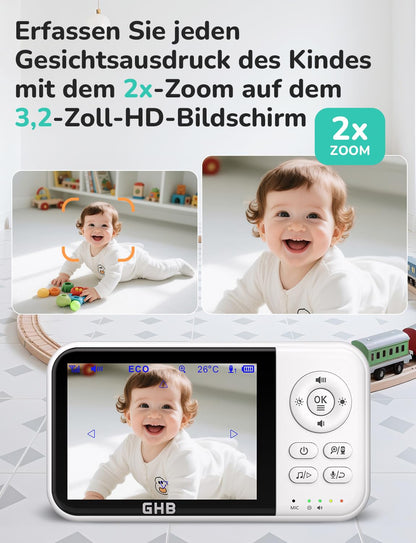 GHB Babyphone mit Kamera MC632B, 3,2 Zoll LCD, Nachtsicht, Weiss