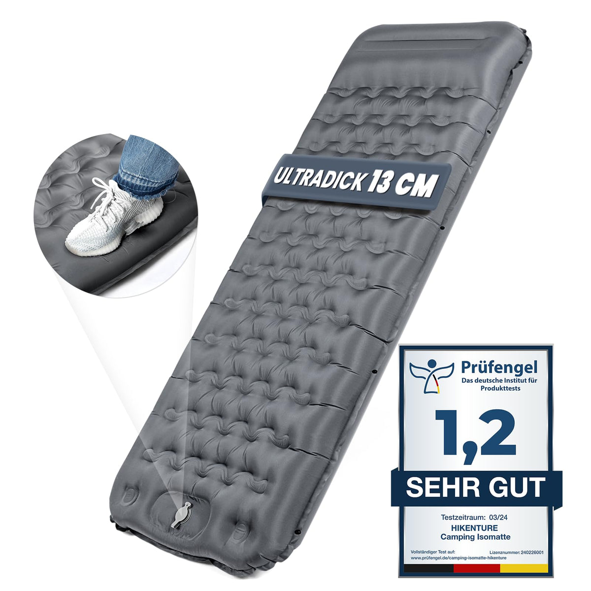 HIKENTURE Camping Isomatte aufblasbar 13 cm mit Kissen und Fusspumpe – graue Schlafmatte mit Kissenbereich