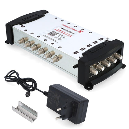 Zehnder 5/12 Multischalter für Quattro/Quad LNB & 12 Teilnehmer. Rechteckiger, grauer Verteiler zur SAT-Signalverteilung.