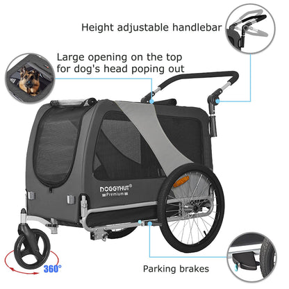 DOGGYHUT Premium XL 2-in-1 Hundefahrradanhänger & Jogger, grau