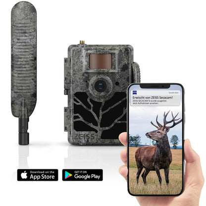 Zeiss Secacam 5 Wildkamera mit 4G und 60 Grad Blickwinkel. Kompakte, dunkelgrüne Kamera erfasst Wildtiere per 4G.
