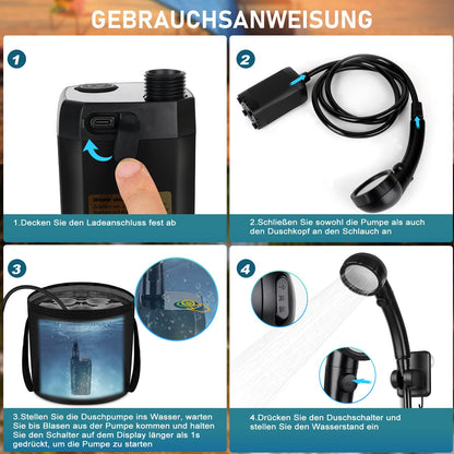 Spopal Campingdusche Set, 20L Falteimer, 6000 mAh Akku, 2m Schlauch