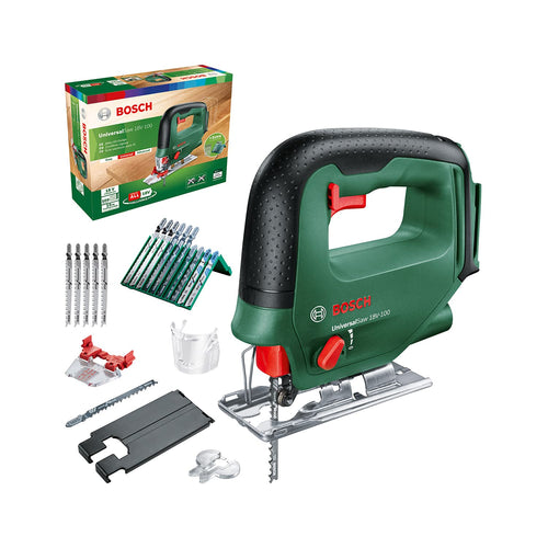 Bosch UniversalSaw 18V-100 Akku Stichsäge – ohne Akku, 15tlg. Set. Grün-schwarz sägt Holz, Metall, Plastik Kurven/Geraden.