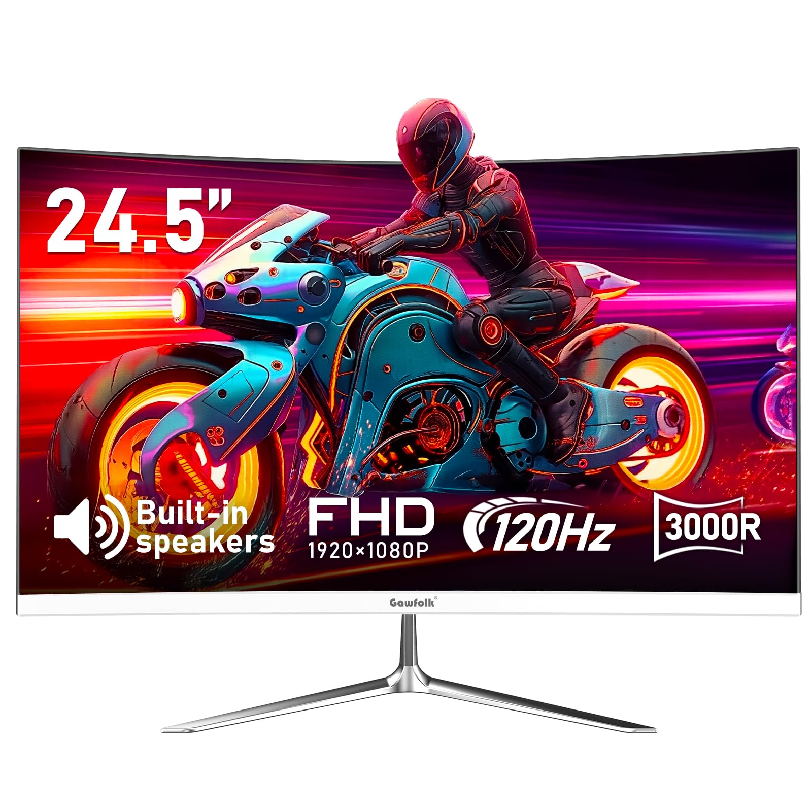 Gawfolk Curved Monitor 24,5 Zoll 120Hz PC Bildschirm - Weiss. Gekrümmter, weißer Bildschirm zur Darstellung von Computerinhalten.