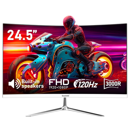Gawfolk Curved Monitor 24,5 Zoll 120Hz PC Bildschirm - Weiss. Gekrümmter, weißer Bildschirm zur Darstellung von Computerinhalten.