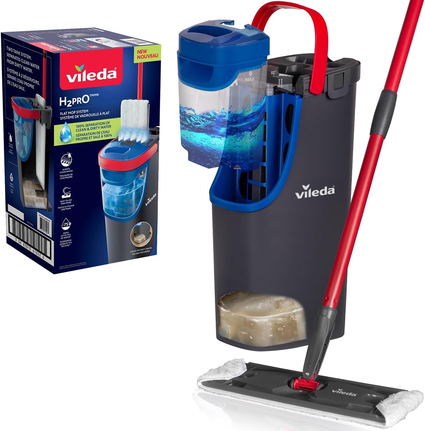 Vileda H2PrO Bodenwischer Set – Frischwasser Trennung. Grauer Zweikammer-Eimer, Flachwischer. Reinigt Böden hygienisch dank strikter Wassertrennung.