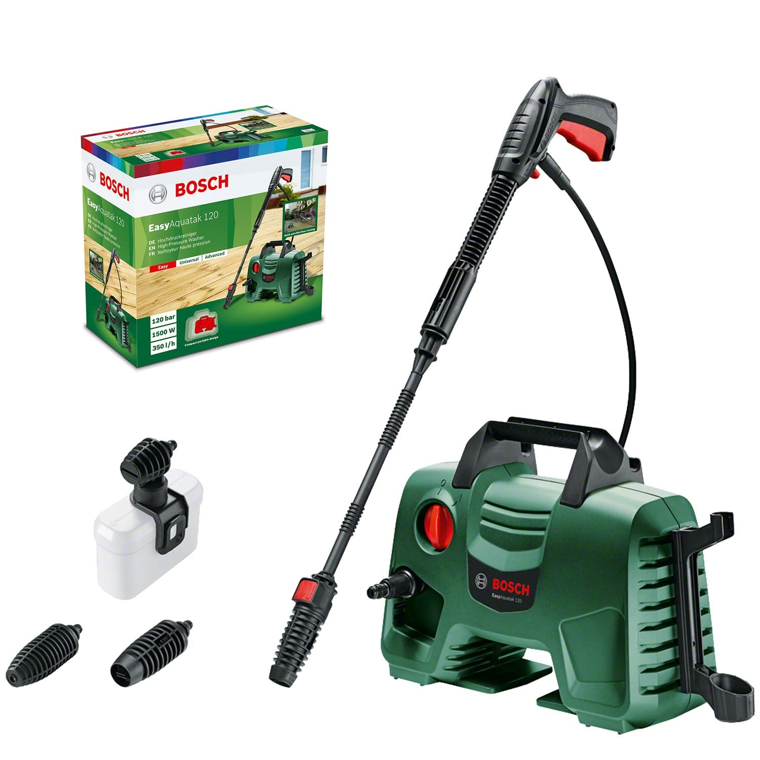 Bosch EasyAquatak Hochdruckreiniger Modell 120 - 1500 W. Grünes, kompaktes Gerät mit Tragegriff. Reinigt Terrassen, Fahrzeuge mit hohem Wasserdruck.