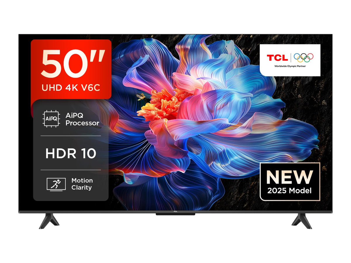TCL 50V6C 4K HDR Smart TV - 50 Zoll Google TV Fernseher, schwarz, rechteckig. Zeigt 4K HDR Inhalte, Google TV für Streaming.