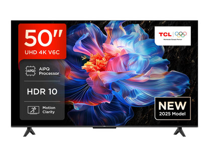 TCL 50V6C 4K HDR Smart TV - 50 Zoll Google TV Fernseher, schwarz, rechteckig. Zeigt 4K HDR Inhalte, Google TV für Streaming.