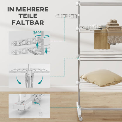HOMCOM Turmwäscheständer, 4 Ebenen, klappbare Flügel, Rollen, weiss
