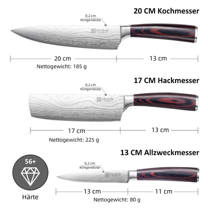PAUDIN Küchen Messerset 3-tlg - Carbon Edelstahl Pakkaholz