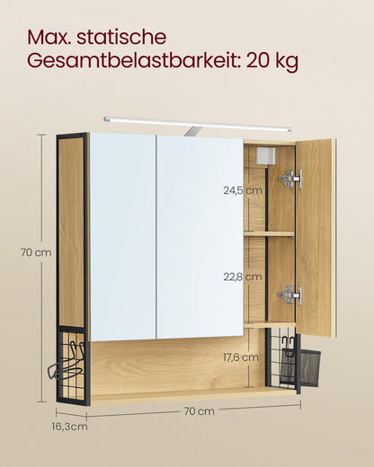 VASAGLE Spiegelschrank Bad Beleuchtung – Natureichenfarben 70x70 cm