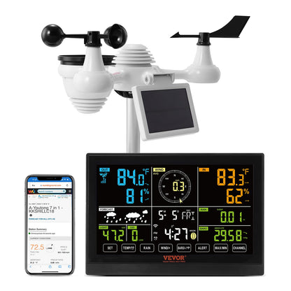VEVOR Profi WLAN-Wetterstation 7-in-1 – Solarbetrieben, 7,5-Zoll-Display: Weißes Sensor. Misst 7 Daten per WLAN.