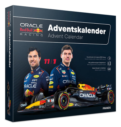 FRANZIS Oracle Red Bull Racing Adventskalender Modellbausatz - 1:43. Rechteckige Box, blau-rot. Enthält 24 Teile für ein F1-Modell.