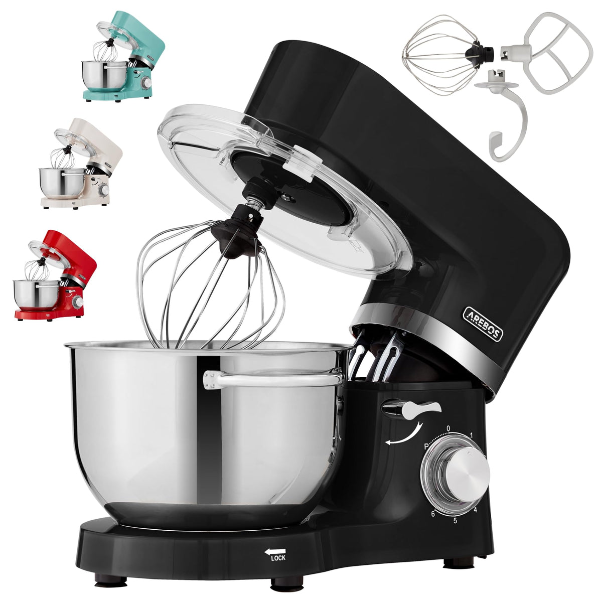 Arebos Küchenmaschine 1500 W Knetmaschine mit 2 Edelstahlschüsseln, Schwarz, zum Kneten und Rühren