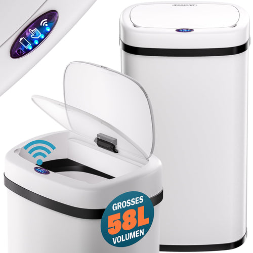 Monzana Sensor Mülleimer 58 L Automatik Abfalleimer - Creme. Zylindrischer, cremefarbener Abfalleimer mit Infrarotsensor für berührungslose Entsorgung.